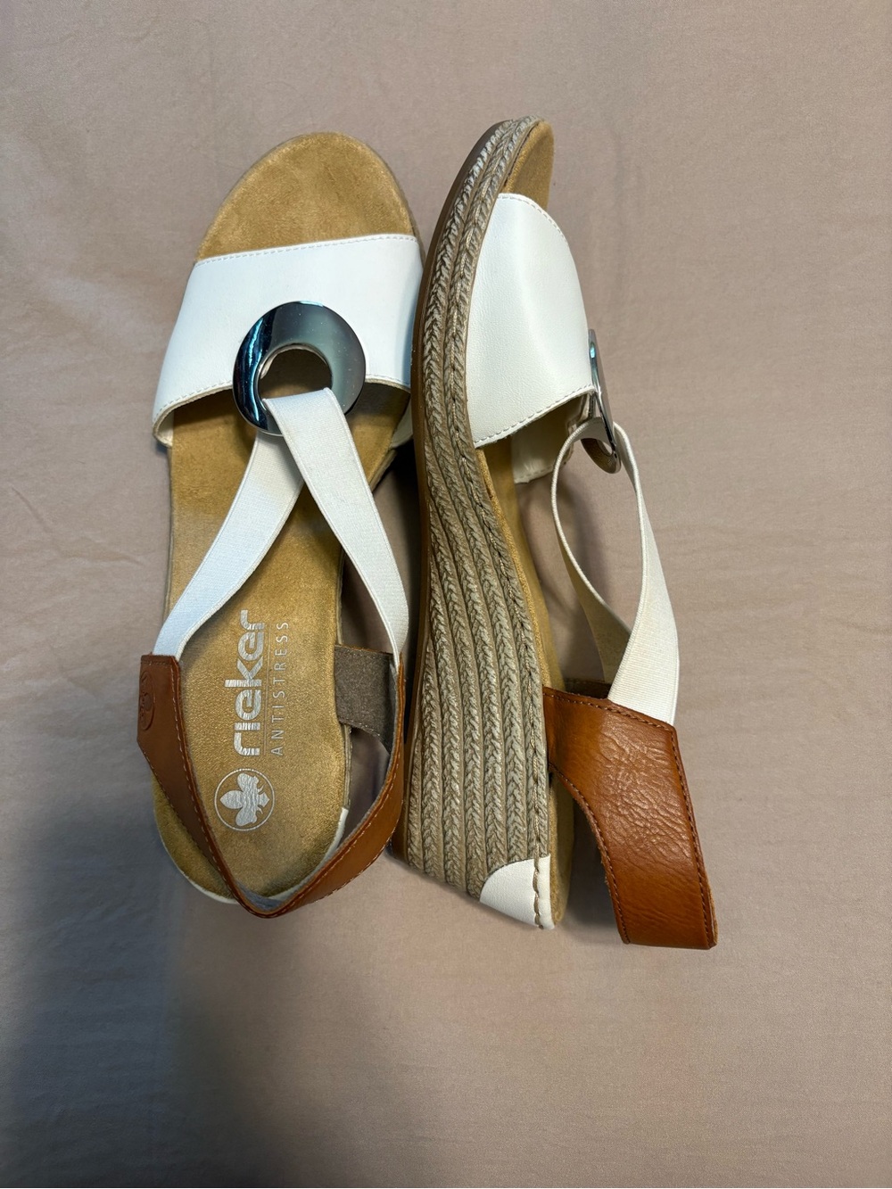 Rieker White and Brown Espadrille Wedge Sandals with Silver Ring Accent